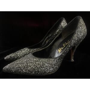 Vintage Mr. Phil Womens Black Silver Glitter Heels Pumps Size 6.5 AA 50s 60s